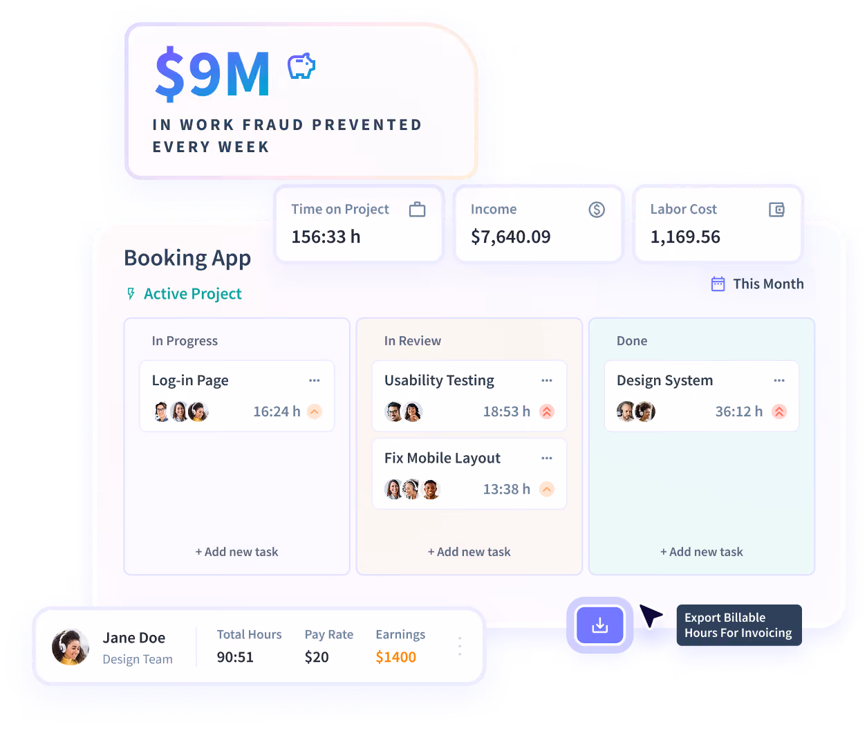 Insightful software features shown on product dashboard: Productivity Trends, Activities/Timeline and Office vs. Remote